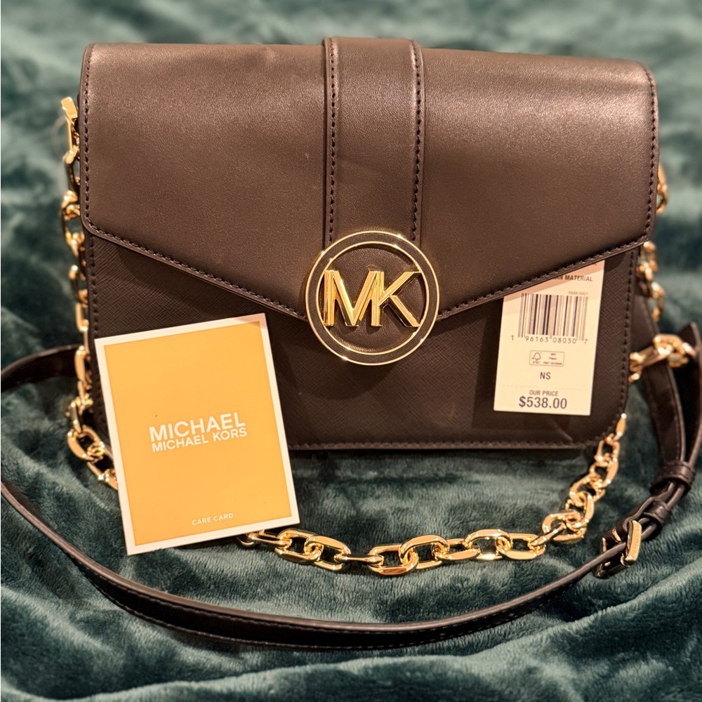 Michael Kors Dark Brown Crossbody Bag with Gold Chain